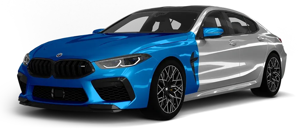 Blue-and-silver sporty sedan on a white background, front three-quarter view
