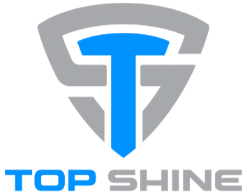 TOP SHINE logo with a blue and gray shield-like emblem and text underneath