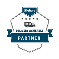 RVshare Partner badge with delivery option, featuring a camper van icon and five stars.