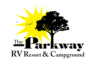 The Parkway RV Resort & Campground logo: tree silhouette in front of a yellow sunburst, with text below.
