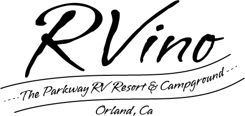 Logo for RVino, The Parkway RV Resort & Campground in Orland, Ca. Black script on white.