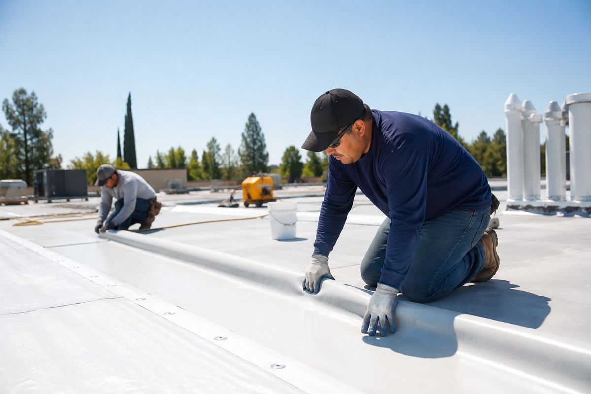 Membrane roofing installation on a commercial property in Atwater