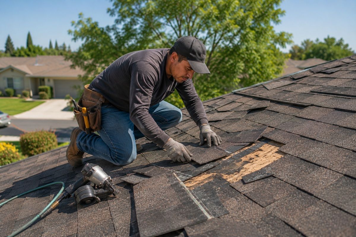 Missing shingles being replaced on a home in Atwater