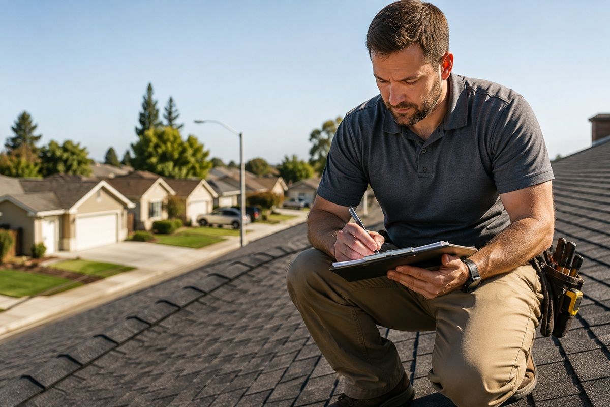 Professional roofer inspecting roofing materials in Atwater