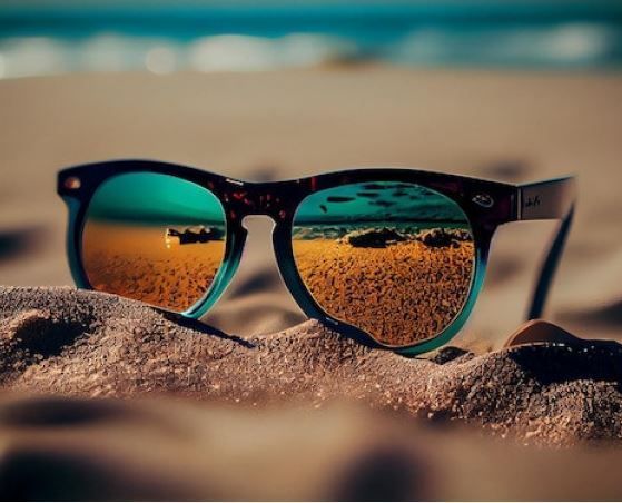 Eine Sonnenbrille liegt auf einem Sandhaufen am Strand.