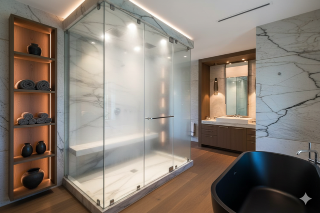 Luxurious bathroom with glass shower, marble walls, wooden floor, and black soaking tub.
