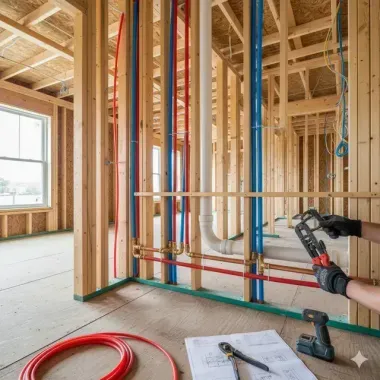 Plumber installing water pipes in a wood-framed house under construction. Red and blue pipes, tools, and blueprint visible.