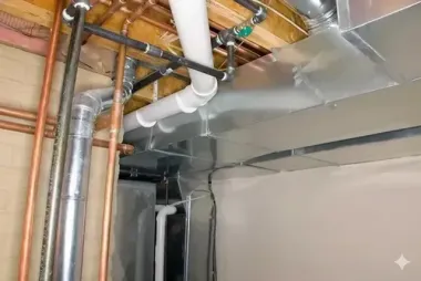 Plumbing and HVAC ductwork in a basement ceiling; copper, black, and silver pipes.
