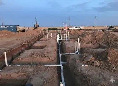 Construction site with buried PVC pipes and trenches in dirt, under a blue sky.