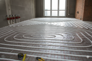 Pipes arranged in a grid pattern on a floor, likely for a radiant heating system, in a room under construction.