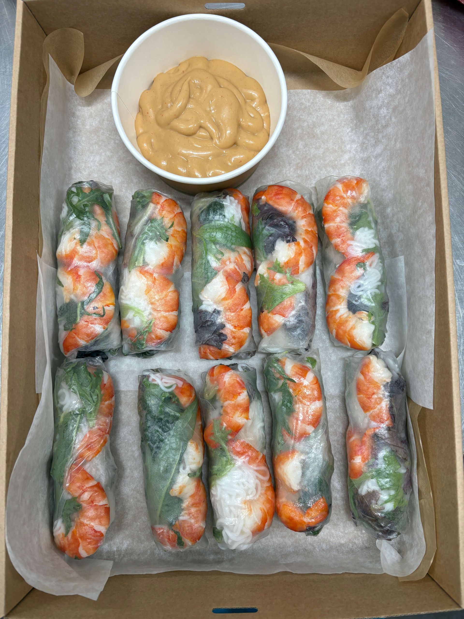 Fresh prawn rice paper rolls catering platter with hoisin mayo sauce