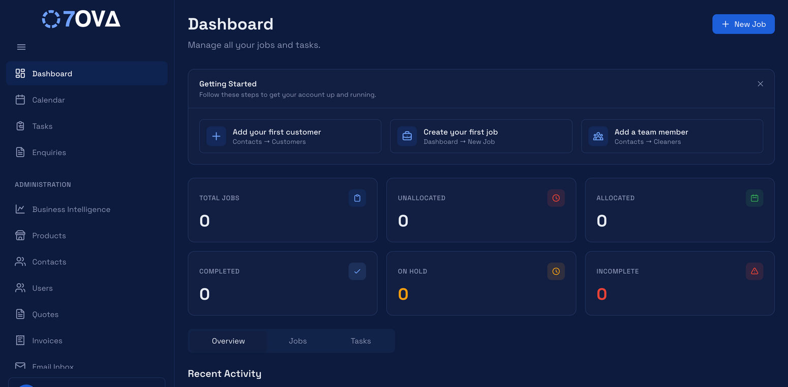 Dark dashboard with sidebar navigation, summary cards, and a task list with colored status tags.