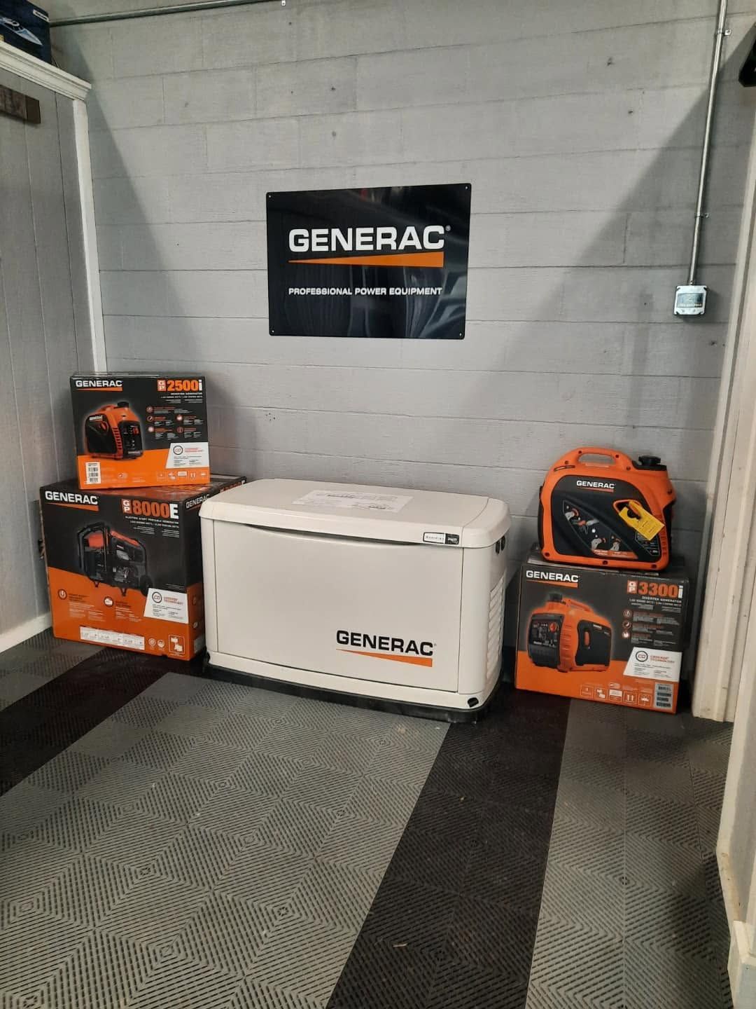 Generac backup generator display with orange product boxes in a showroom corner