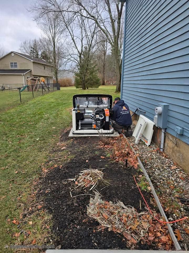 Person working beside a blue house with a skid-steer in a narrow backyard strip of soil and leaves