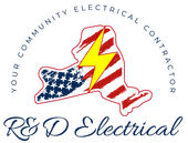 R&D Electrical logo with U.S.-flag state outline and lightning bolt, “Your community electrical contractor” text