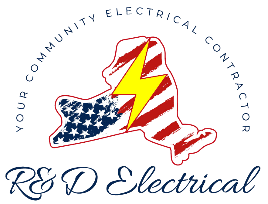 R&D Electrical logo with U.S.-flag state outline and lightning bolt, “Your community electrical contractor” text