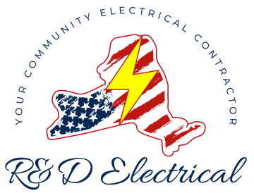 R&D Electrical logo with U.S.-flag state outline and lightning bolt, “Your community electrical contractor” text