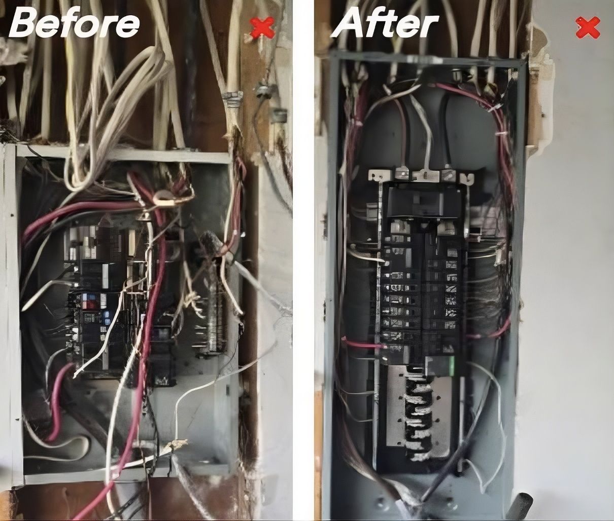 Before-and-after electrical panel: messy wiring on left, neatly organized panel on right.