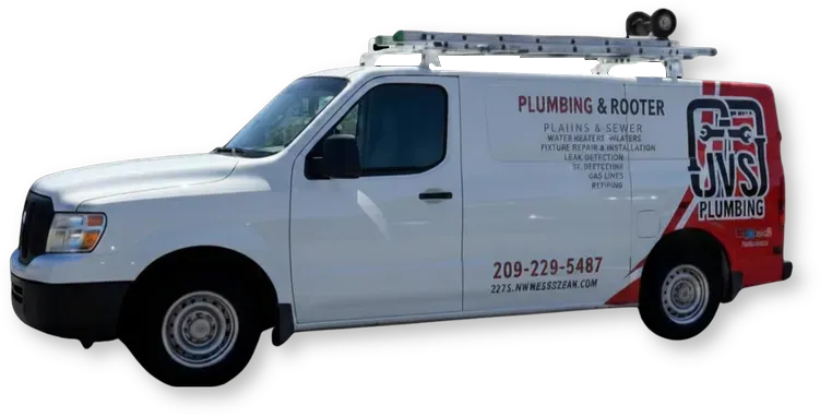 White plumbing service van with red rear panel and company logo on the side