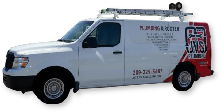White plumbing and rooter service van with logo and contact number on the side, isolated on white background