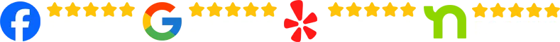 Row of five review site logos, each separated by gold star ratings.
