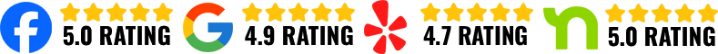Facebook and five-star review badges with ratings 5.0, 4.9, 4.7, and 5.0