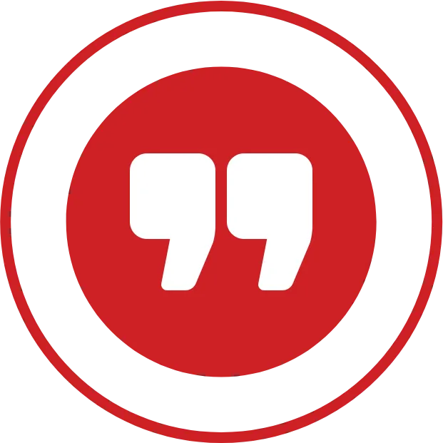 Red circular quote icon with white quotation marks in the center