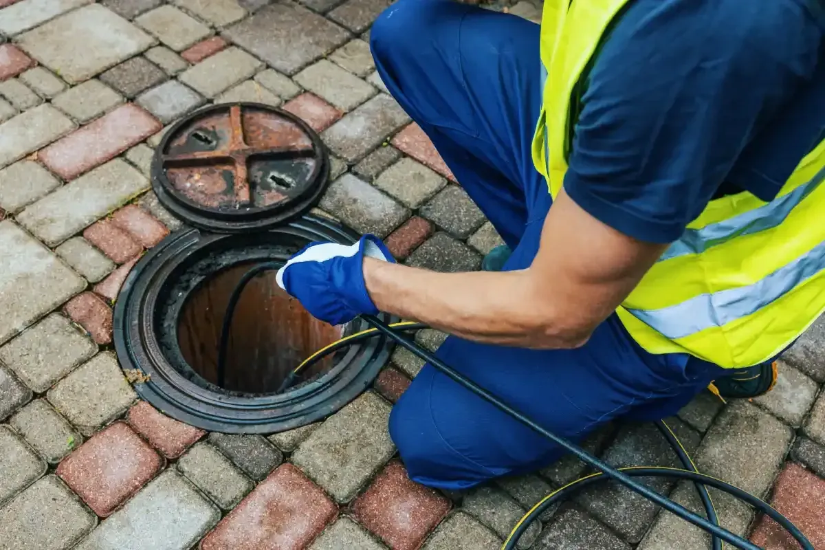 Worker in blue uniform and yellow vest opening a manhole cover with a cable on a paved street.