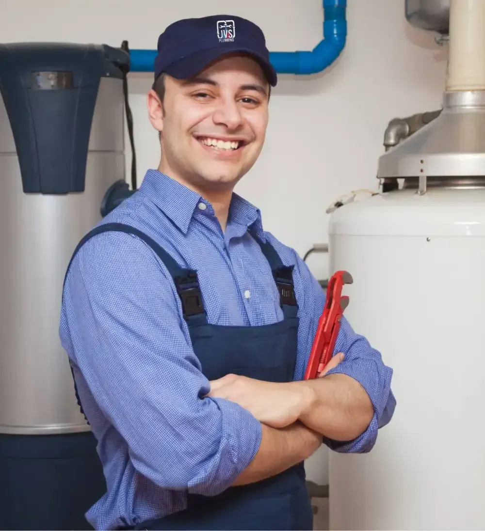 Smiling technician in blue uniform holding red tools beside large water heater in a utility room