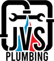 JVS Plumbing logo with black wrench text and blue-red water flame accents