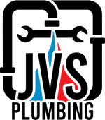 JVS Plumbing logo with black wrench text and blue-red water flame accents