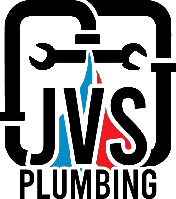 JVS Plumbing logo with black wrench text and blue-red water flame accents