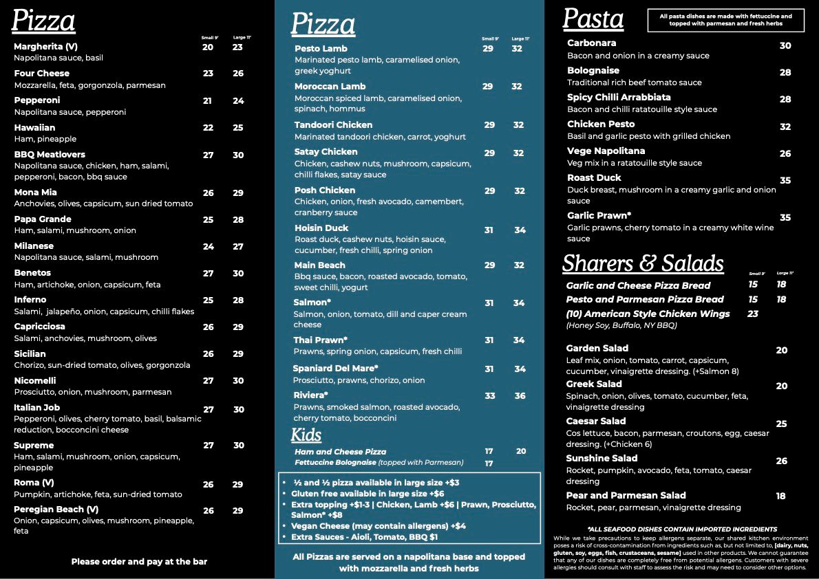 Restaurant menu with food categories and prices on a dark blue background — Zachary's in Noosaville, QLD