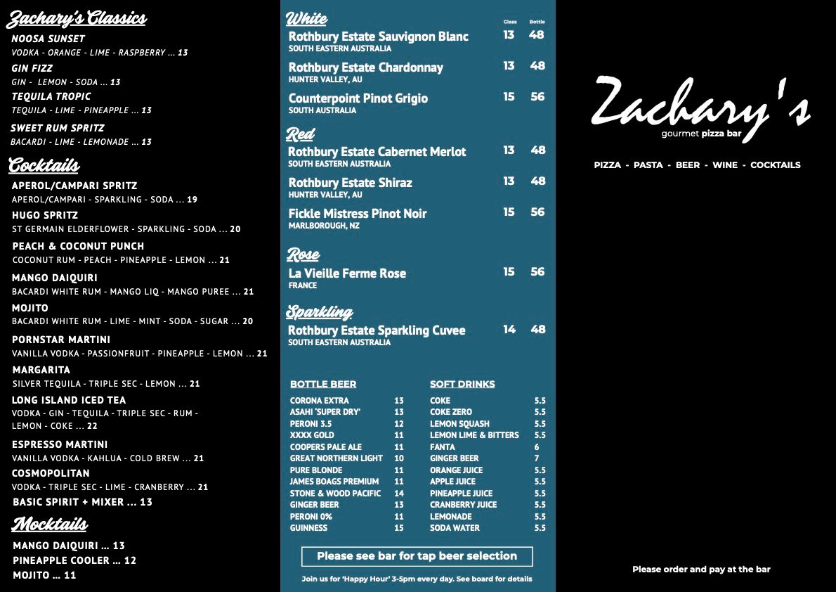 Zachary's restaurant menu; various food and drink items listed with prices, on a dark blue background — Zachary's in Noosaville, QLD