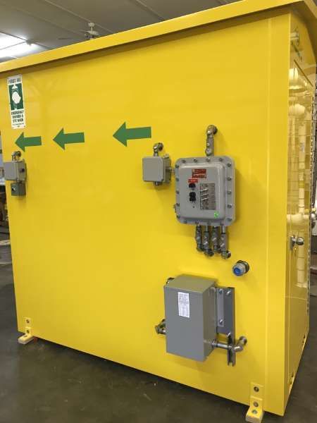 Yellow industrial equipment cabinet with control boxes and green directional arrows inside a warehouse