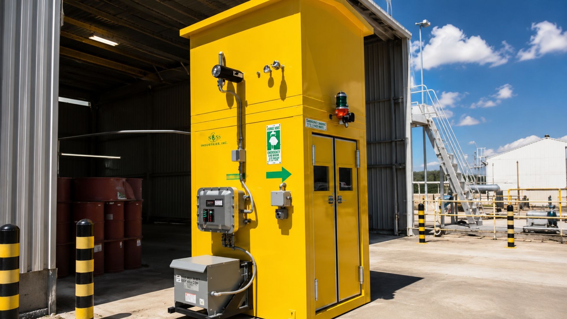 Yellow industrial safety station beside barrels and piping at an industrial site under a blue sky