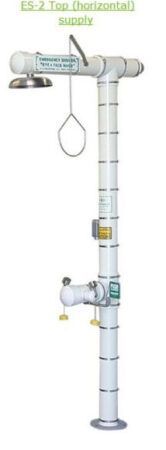 Tall white medical supply stand with a hanging loop and side attachments on a blue background