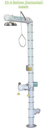 Vertical white PVC pipe assembly with elbow, valves, and hanging loop against a white background