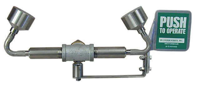 Stainless steel push bar with two angled lights and green “PUSH TO OPERATE” sign