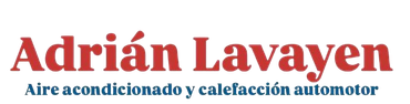 Logotipo de Adrián Lavayen en rojo y azul con el texto «Aire acondicionado y calefacción automotor»