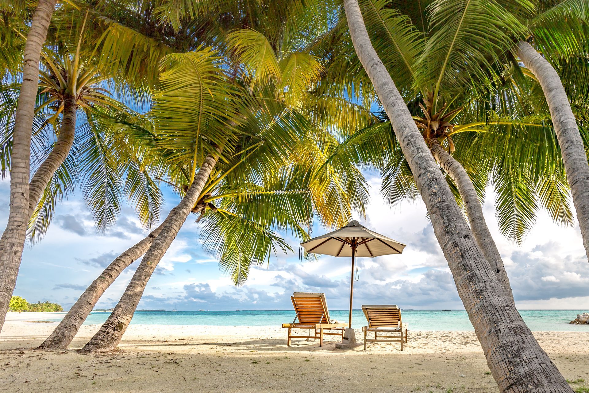 Tropical beach with two lounge chairs, umbrella, palm trees, and turquoise ocean.