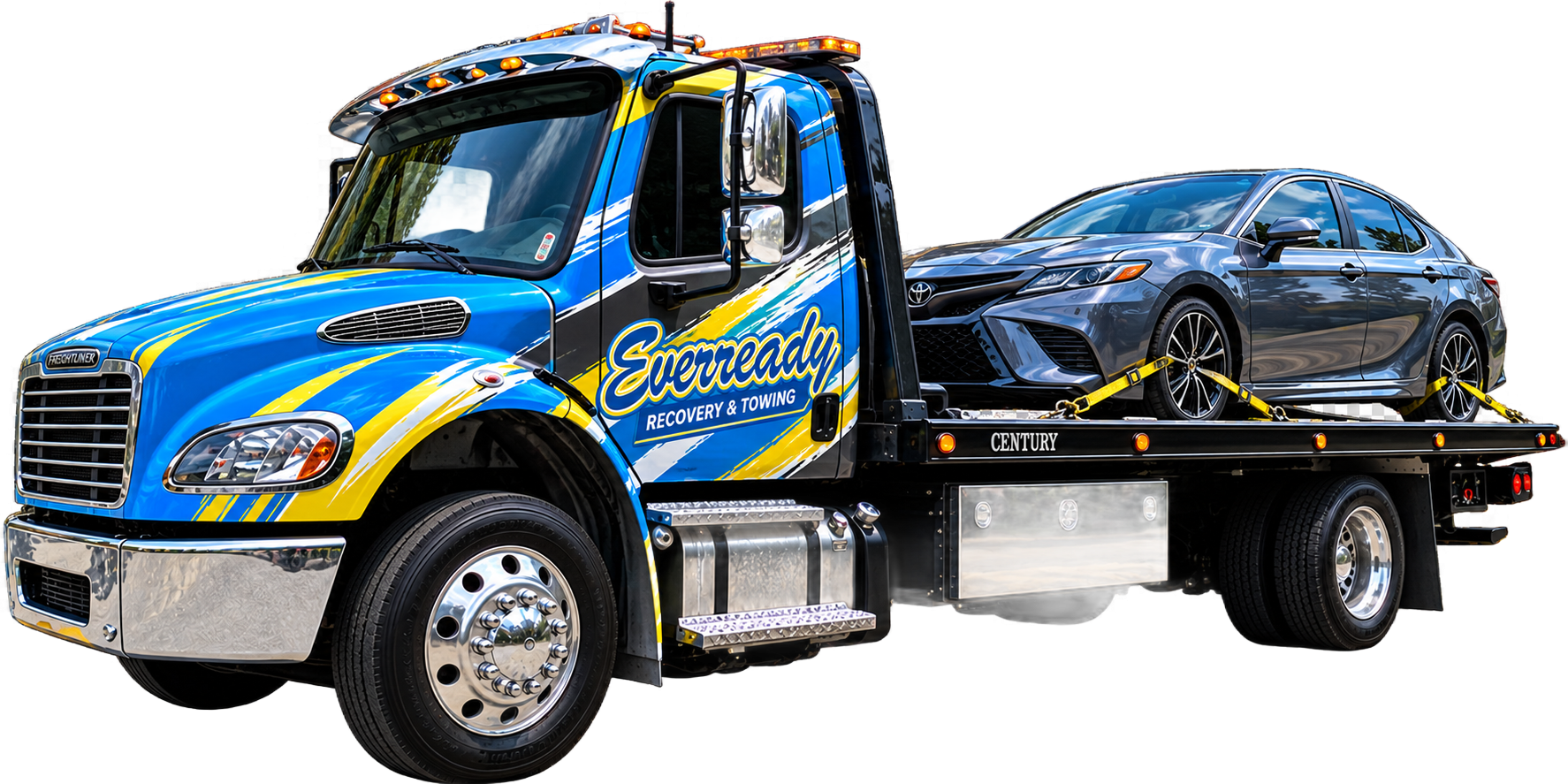 Everready Recovery and Towing flatbed towing a car in Savannah, GA