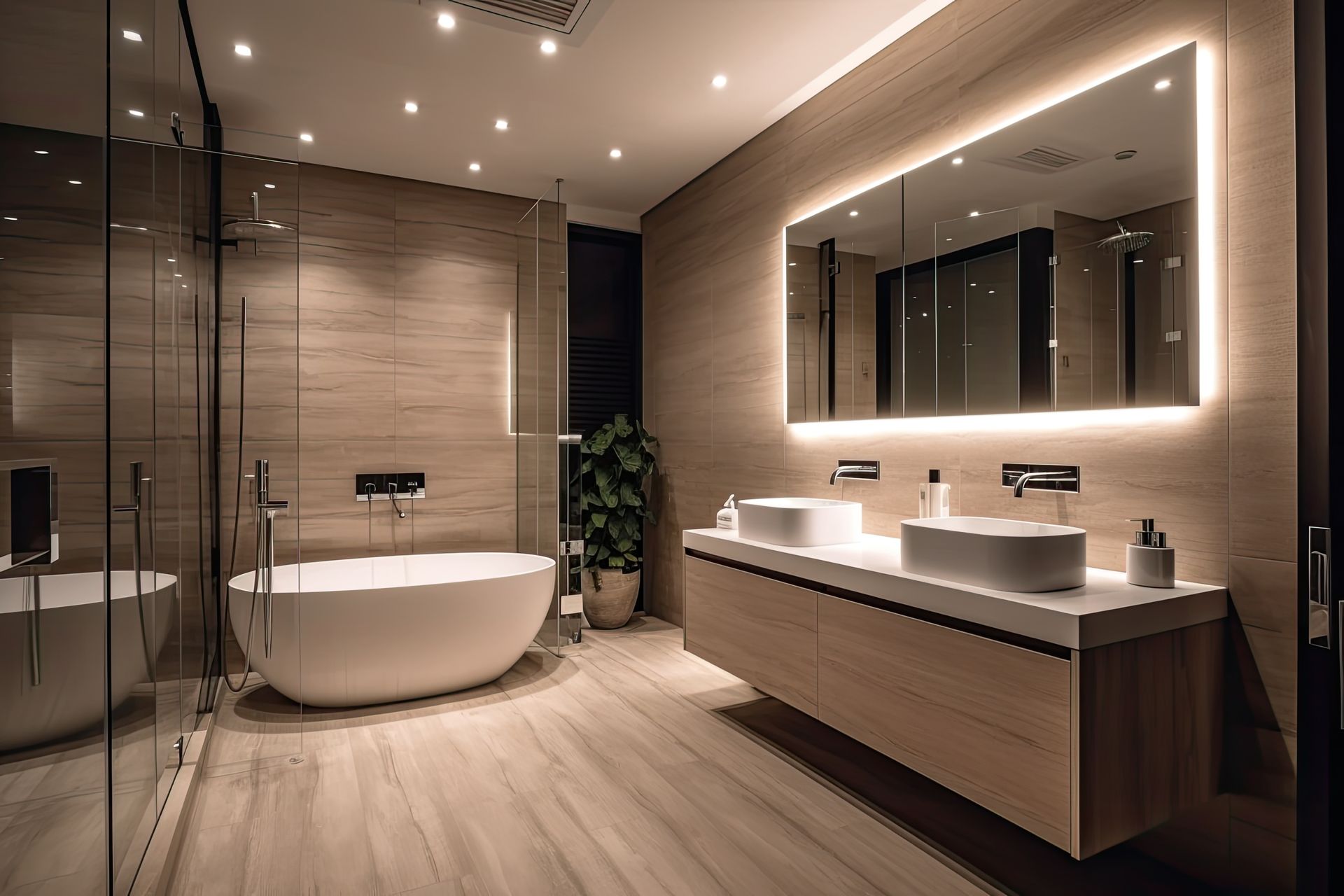 Modern bathroom with a freestanding tub, double sinks, and a large lit mirror; beige tones.
