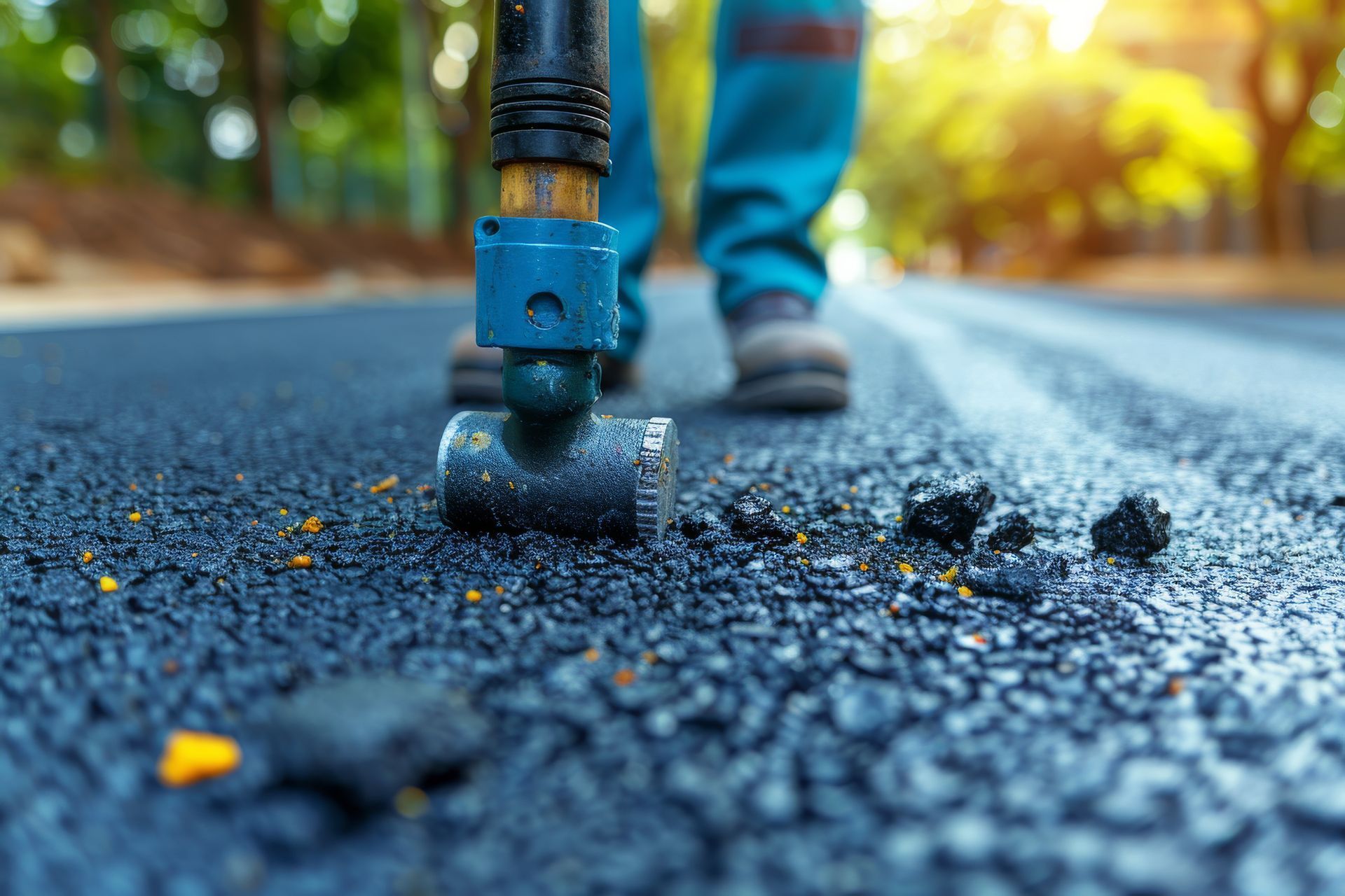 A man is working on a road with a hammer.