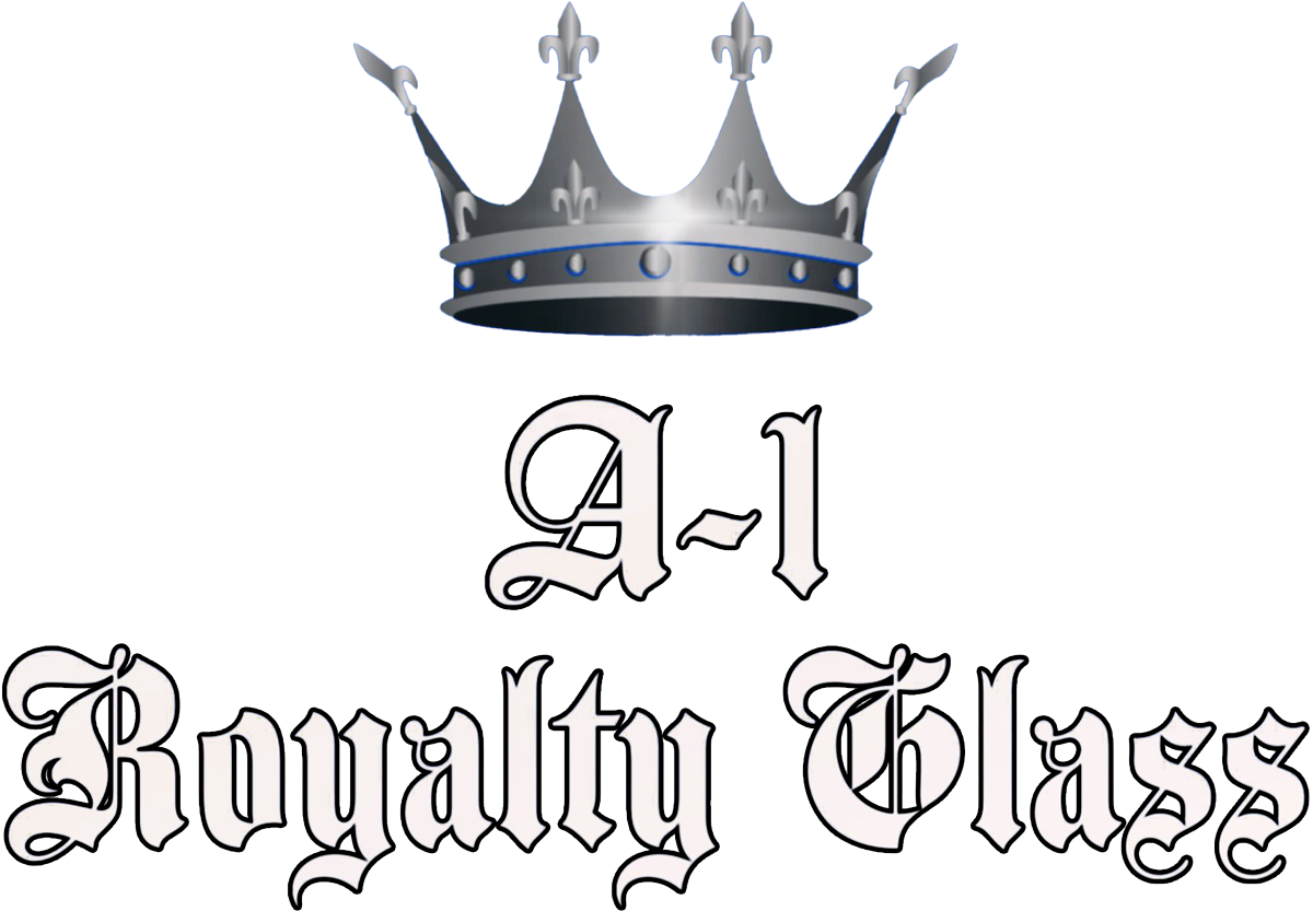 A logo for a company called royalty glass with a crown on it.