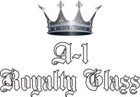 A logo for a company called royalty glass with a crown on it.