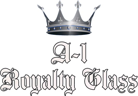 A logo for a company called royalty glass with a crown on it.