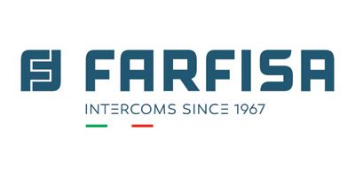 Logo de Farfisa avec le texte « INTERCOMS DEPUIS 1967 » et un élément du drapeau italien en dessous.