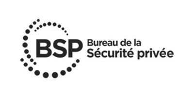 Logo du Bureau de la Sécurité privée (BSP) comportant le texte « BSP » à côté du nom dans un cadre circulaire en pointillés.