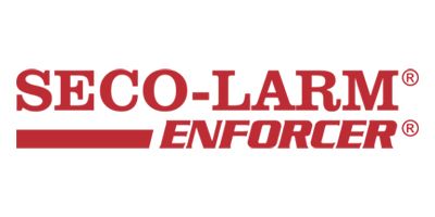 Inscription rouge « SECO-LARM » et « ENFORCER » sur fond blanc avec une ligne rouge horizontale.